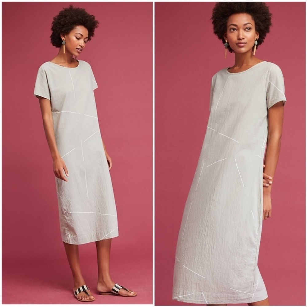 Light Gray Midi Shift Dress - Minimal Short Sleeve Dress